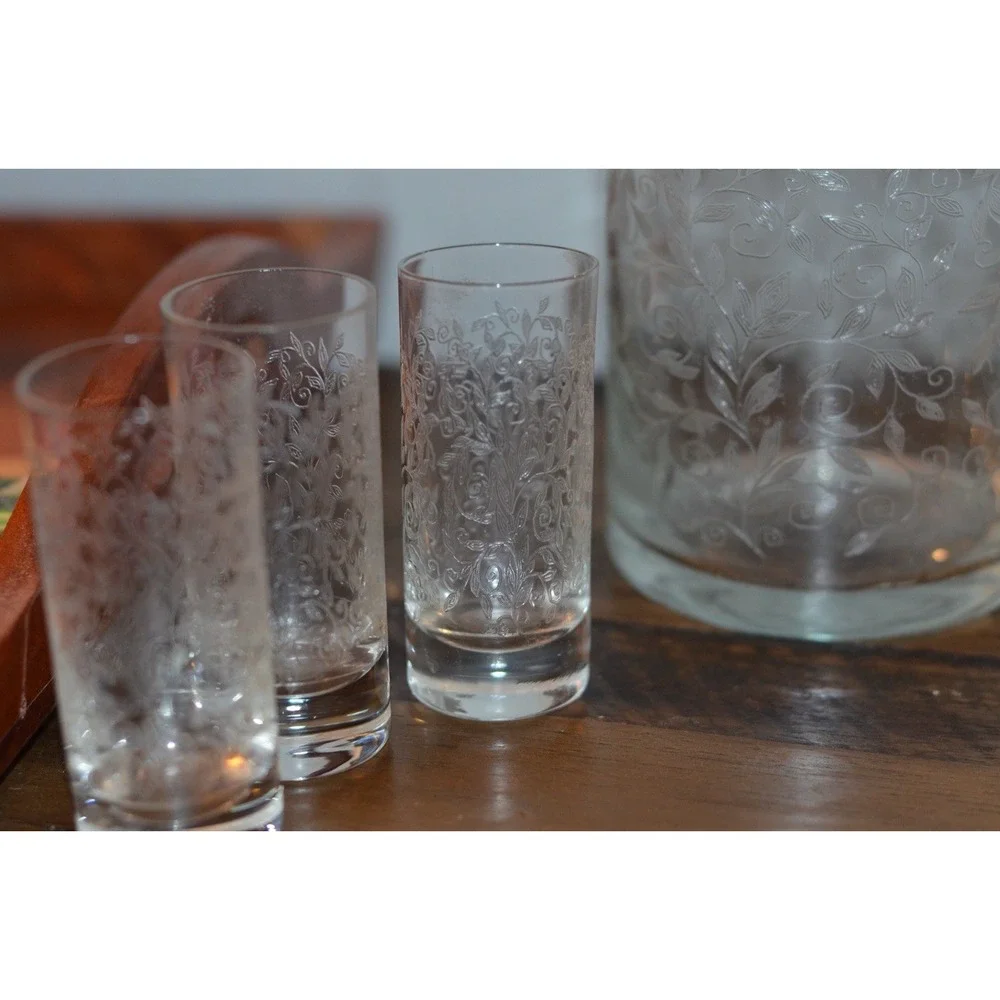 Vintage Etched Glass Liquor Decanter W/ 6 Matching Cordial Glasses- Floral Vine